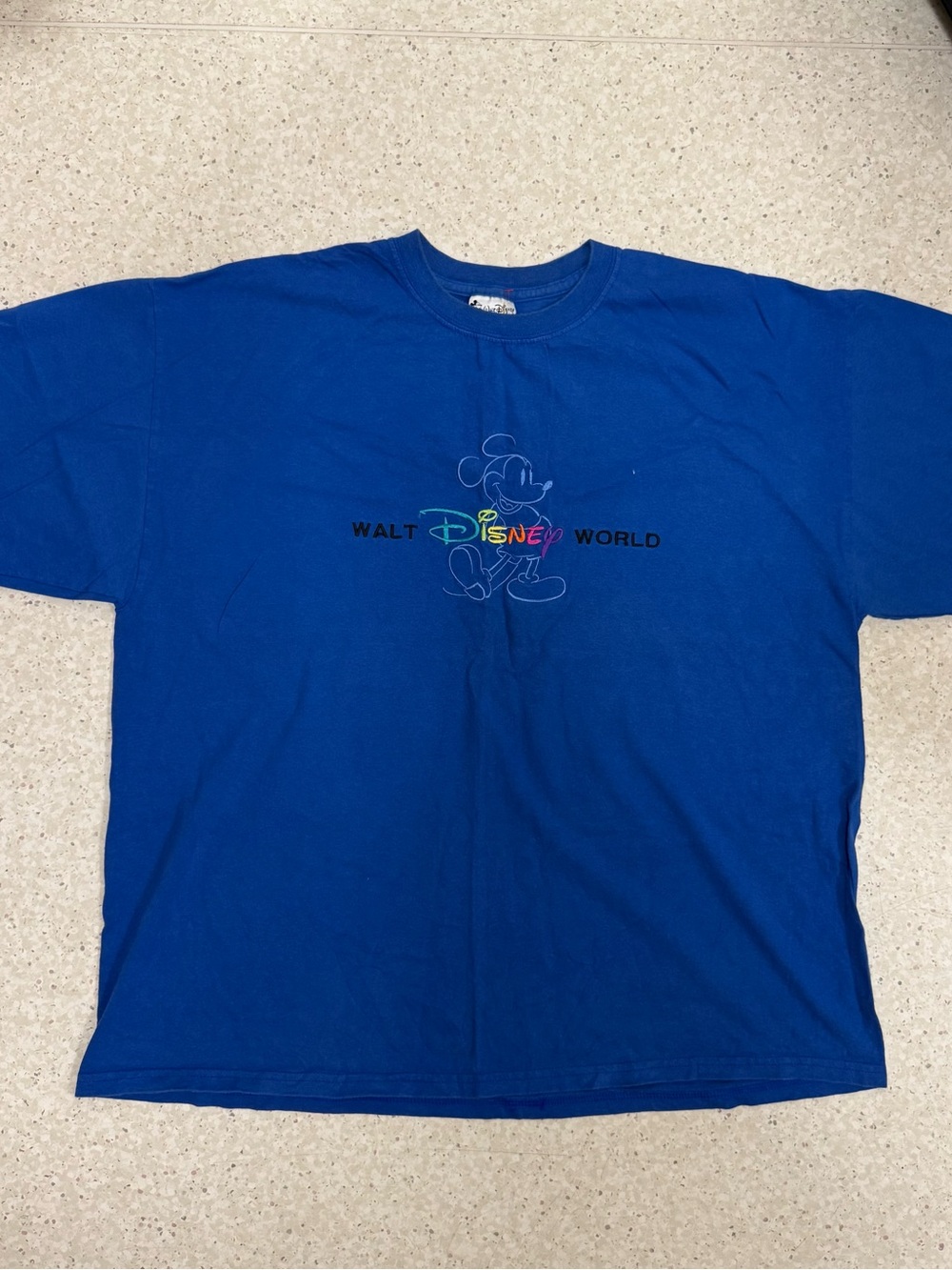 Vintage Disney Blue Walt Disney World Mickey Outline Tee with Multicolor Logo